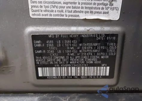 2010 Subaru Outback 2.5I Premium from USA, damaged, VIN 4S4BRBCC0A3352281